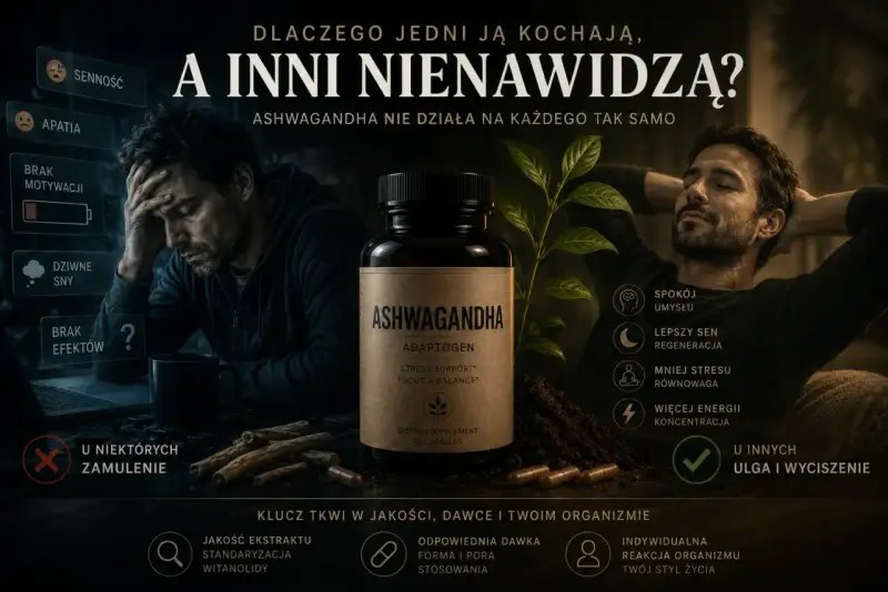 Ashwagandha: kluczowa standaryzacja ekstraktu na witanolidy. Po lewej mÄÅ¼czyzna w rozpaczy, po prawej zrelaksowany.