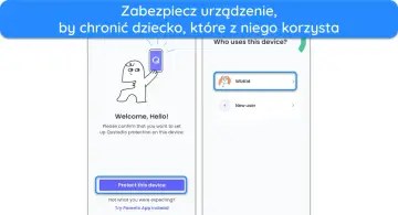 Ekran powitalny aplikacji Qustodio. PostaÄ z kreskÃ³wki trzyma telefon. Wybierz "Wizkid", by chroniÄ knykiec.